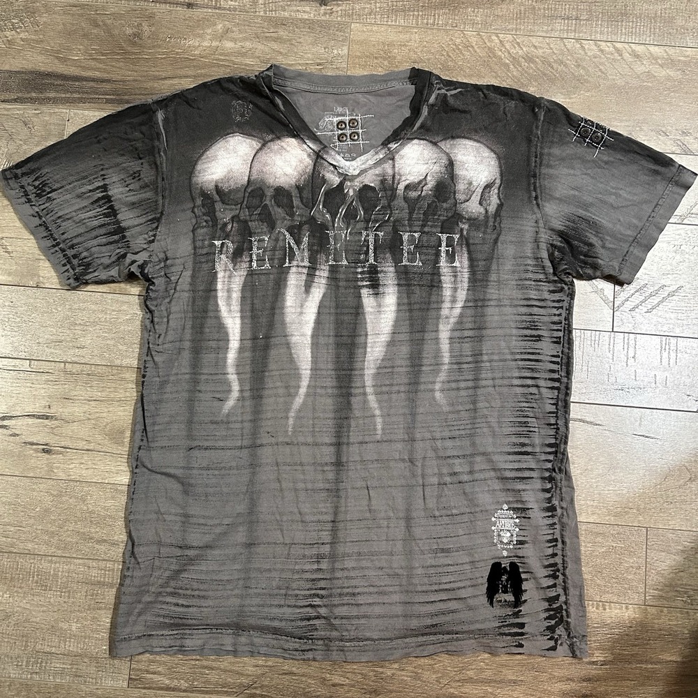 Grunge Y2K Men's V-Neck Remetee Skull Grey T-Shirt Sz L